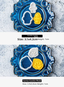 Detailed view of Christmas candle and Santa cookie cutters with dimensions and PP material