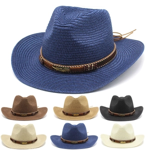 Western Cowboy Straw Fedora Hat For Women Men Summer Sun Protection Beach Hat With Feather Beaded Band Wide Brim Straw Hat