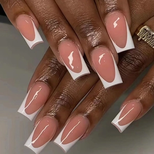 French Tip Press On Nails Long Coffin Glossy White Design Nude Pink Wearable False Nails For Women