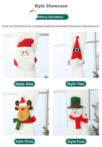 Detail of four Christmas curtain tiebacks featuring Santa, Reindeer, Snowman, and Gnome