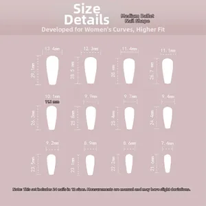 Size guide for medium coffin press-on nails featuring 24 pieces in 12 different dimensions