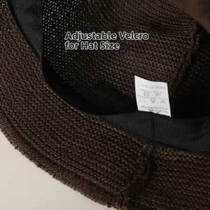 Détail de la bande intérieure réglable avec velcro et étiquette sur chapeau de paille