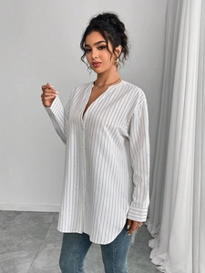 Chemise oversize à rayures verticales pour femmes, chemisier blanc et noir à manches longues