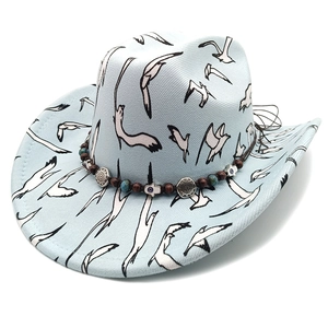 Light blue western cowboy hat with seagull prints and ethnic beaded Hamsa hand band