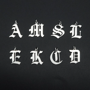 Set of 8 gothic style stainless steel alphabet pendants with polished silver finish