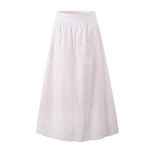 Elegant high-waisted pink maxi skirt with flowing pleated A-line silhouette for women