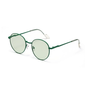 Vintage green round metal sunglasses with slim frame and transparent lenses on white background