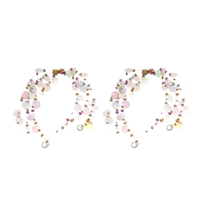 Handmade colorful beaded hoop earrings with sequins and crystal pendants on white background