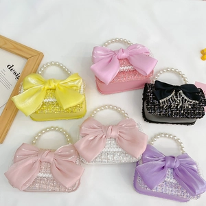 Mini sacs à main en tweed pour filles avec anses en perles et grands nœuds en satin en 6 couleurs