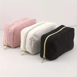 Corduroy Cosmetic Makeup Bag Large Capacity Travel Toiletry Organizer Pouch Solid Color Striped With Zipper For Women