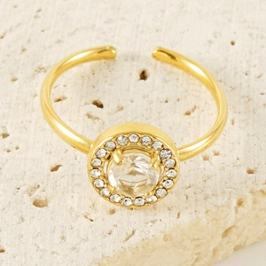 Double layer 18K gold plated stainless steel open ring with round zircon centerpiece