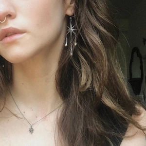 Gothic style long tassel eight-pointed star earrings and necklace set in silver metal