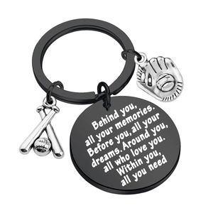 Stainless steel baseball keychain with bats and glove, engraved motivational quote charm
