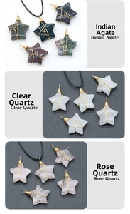 Star-shaped natural crystals wrapped in gold wire including agate and quartz