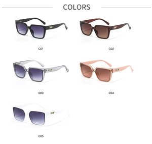 Flat square sunglasses in black, tea, grey, pink, and white color options shown in a grid