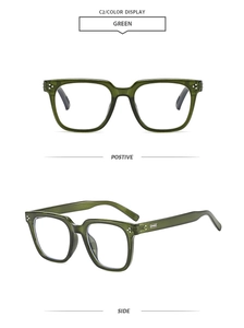 Detailed front and side views of green translucent square frames with silver rivets