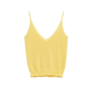 Débardeur en tricot jaune pour femme avec col en V, motif ajouré en losange et ourlet volant