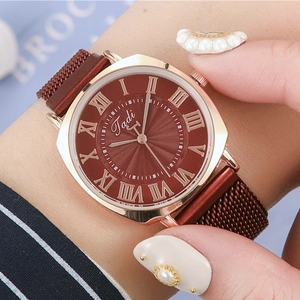 Women's quartz watch with burgundy sunburst dial and magnetic rose gold mesh strap