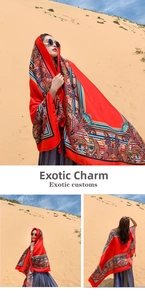 Close-up of lightweight red ethnic shawl with paisley patterns for sun protection