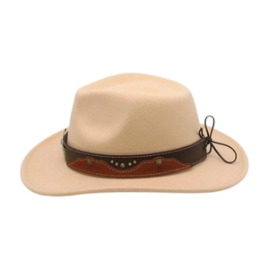 Detail of beige felt cowboy hat showing leather band with silver metal studs and rivets