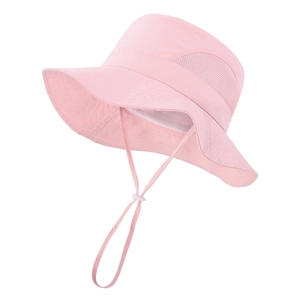Detailed view of pink breathable mesh side panels and adjustable chin strap on sun hat