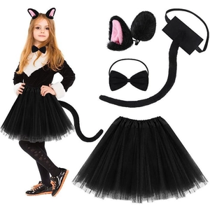 Kids black cat cosplay set including cat ear headband, bow tie, tail, and tutu skirt