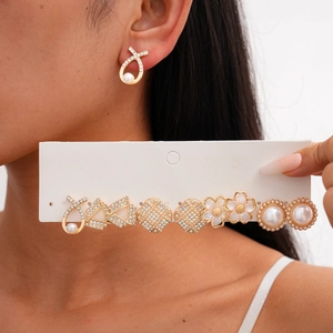 Elegant Flower Geometric Imitation Artificial Pearl Rhinestone Alloy Earrings With Silver Earring Post Fashion Women Jewelry