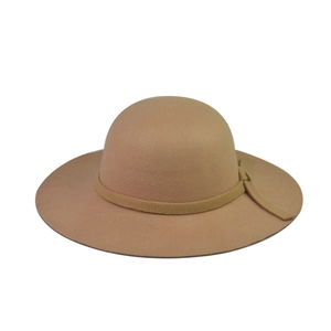 Classic camel wool felt dome hat with matching bow ribbon and wavy brim for women
