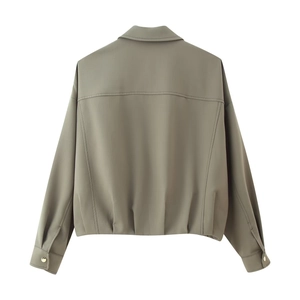 Back view of a sage green cropped bomber jacket featuring a pleated hem and metallic cuffs