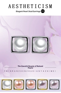 Macro detail of geometric square S925 silver earrings with natural freshwater pearls