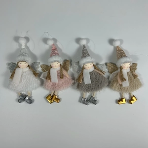 Set of four plush angel Christmas ornaments in white, pink, grey and camel colors