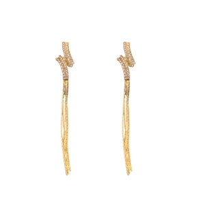 Long gold tassel earrings with geometric twisted design and sparkling zircon pavé