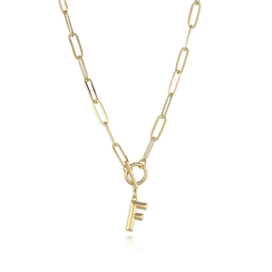 Gold paperclip chain necklace with a 3D letter F pendant and a decorative toggle clasp