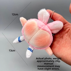 Detailed view of a pink plush rabbit keychain with blue stripes, size 13cm x 12cm