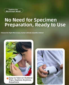 Detail of portable kids microscope showing focus zoom knobs and pocket-sized design