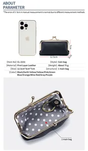 Size chart showing first layer leather coin bag with measurements and internal structure