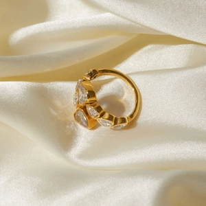 French style 18k gold plated stainless steel ring with heart zircon stones on silk