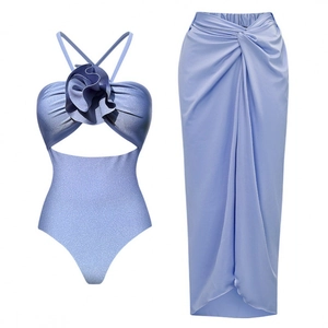 Women Monokini Swimsuit And Sarong Skirt Metallic Shiny 3D Flower Cutout Beachwear