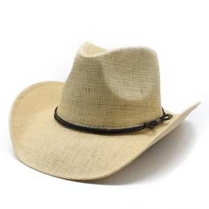 Classic straw western cowboy hat with brown braided strap and wide brim for sun protection