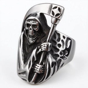Vintage stainless steel Grim Reaper skull ring for men with Gothic punk sickle design