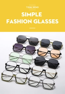 Detail of multi-color square frame sunglasses featuring a double bridge and metal temples