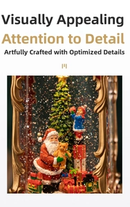 Detail of Christmas lantern featuring Santa and a tree with golden embossed frame
