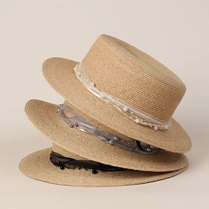 Elegant Women Boater Hat Paper Straw Sun Protection Breathable French Style With Organza Ribbon Faux Artificial Pearl Decor