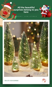Miniature sisal Christmas trees with LED lights and solid wooden bases set