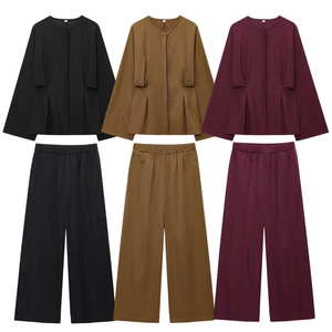 Women Long Sleeve Top And Wide Leg Pants Solid Color Polyester Waist Pleated Round Neck Conservative Modest Elegant Casual