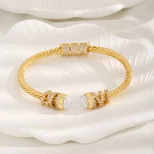 Luxury Gold Plated Copper Twisted Cable Open Cuff Bracelet For Women With Elegant White Artificial Pearl And Pave Zircon Decoration
