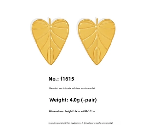 Detailed specs of golden heart-shaped leaf earrings in stainless steel, size 2.0x1.7cm