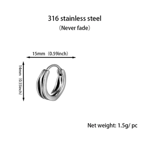 Detailed view of 316 stainless steel earrings showing 15mm dimensions and metallic texture