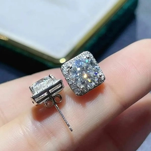 Sparkling square halo stud earrings with round-cut center stone and pave zircon setting