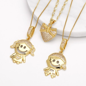 Gold plated necklaces with sparkling zircon boy girl pendants and heart charms